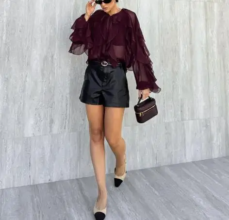 

Женская футболка, новинка 2025, осенняя легкая роскошная маленькая рубашка высокого класса во французском стиле с многослойным шифоновым топом с листьями лотоса для женщин