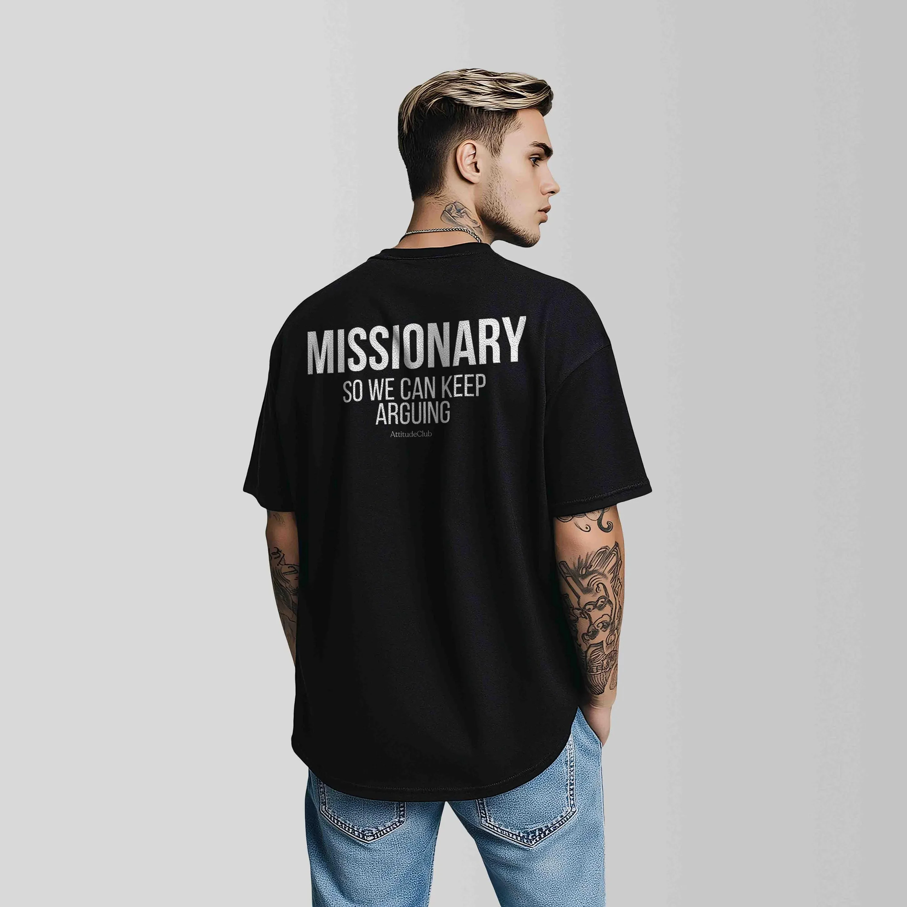 T-shirt pour homme en coton biologique noir avec message « Missionnaire, pour que nous puissions continuer de discuter », tendance mode streetwear premium