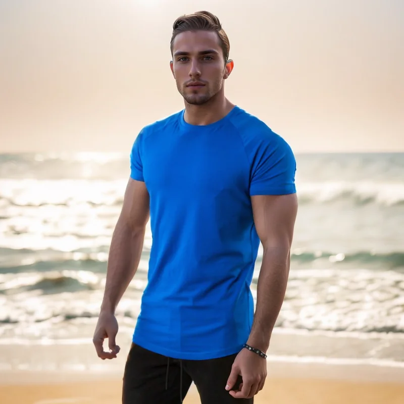 Sommer Herren T-Shirt Lässiges Baumwoll-T-Shirt Kurzarm Einfarbige Oberteile Atmungsaktive Fitness-T-Shirts Elastischer O-Ausschnitt T-Shirt Herrenbekleidung