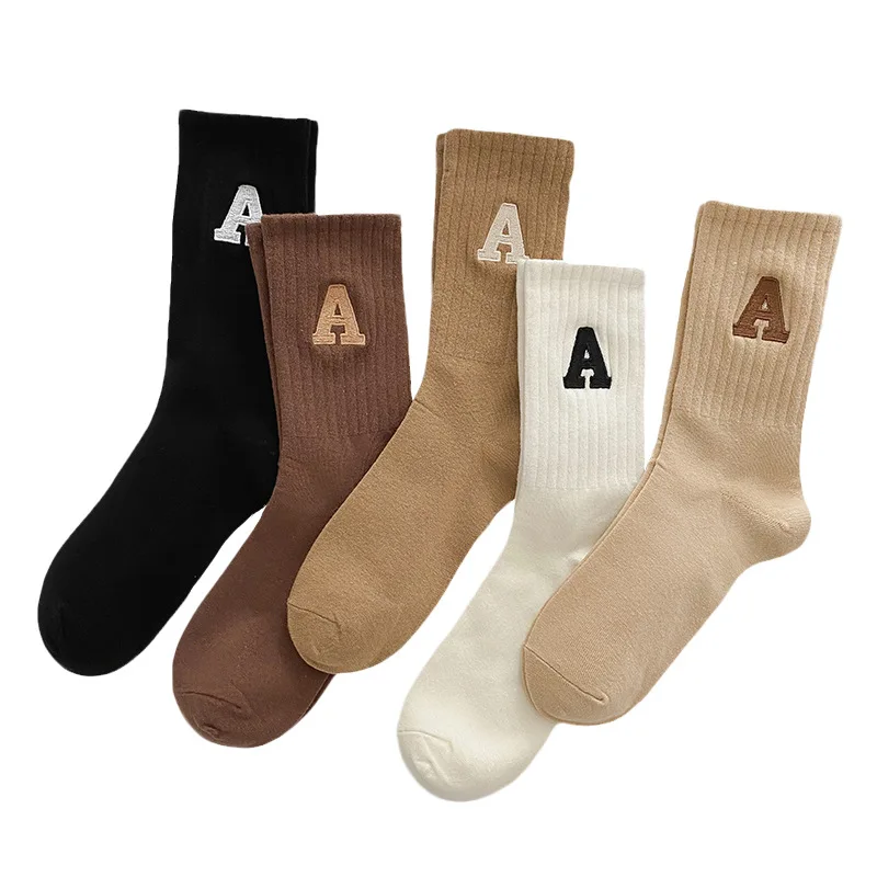 Calcetines informales de algodón para mujer, Calcetines con letras A para mujer, Otoño Invierno, estilo coreano, moda de Color sólido, Calcetines