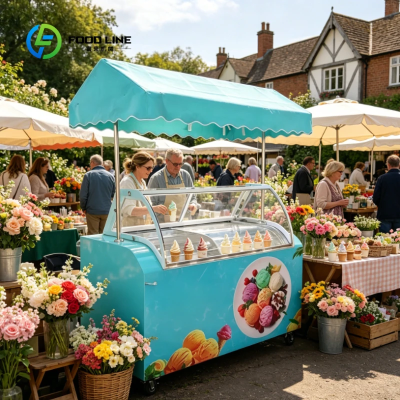 Customized Mobile Ice Cream Cart with Umbrella, Curved Display Freezer Push Cart for Wedding, Party & Outdoor Event Vending