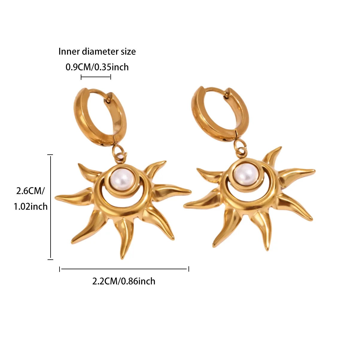 Vintage Sunburst Imitationsperlen-Ohrhänger für Damen, goldfarben, Edelstahl, Creolen, hängende Ohrringe, Schmuck – Detail 4