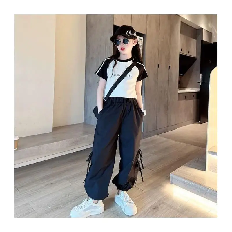 Kawaii 7-14Years Girls Tween 2Piece Suit Summer Outfit Set Kids Trendy Sport Cargo Pants Cool Casual for Big Girls   Daily Wear