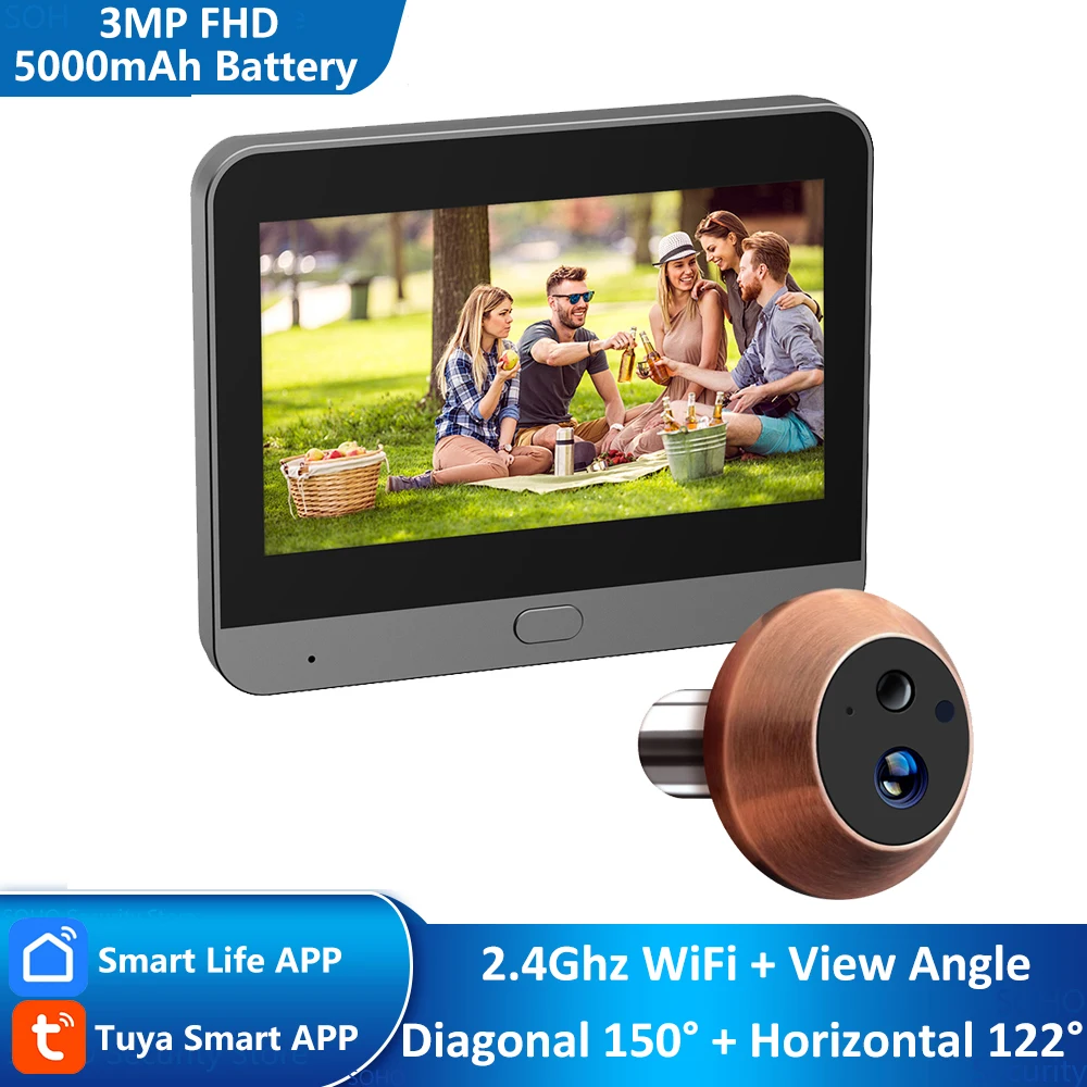 Couleur Bronze Tuya Smart Life APP vue à distance 3MP Mini judas numérique visionneuse WiFi PIR sonnette caméra de Vision nocturne infrarouge