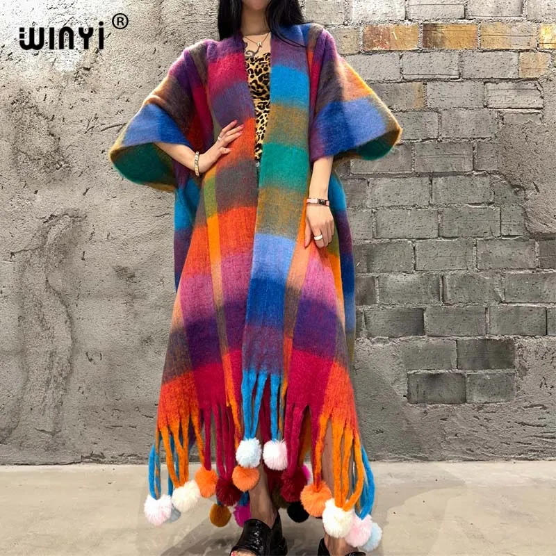 WINYI-poncho largo a cuadros para mujer, abrigo grueso y cálido, cárdigan con bola colgante, de alta calidad, para invierno