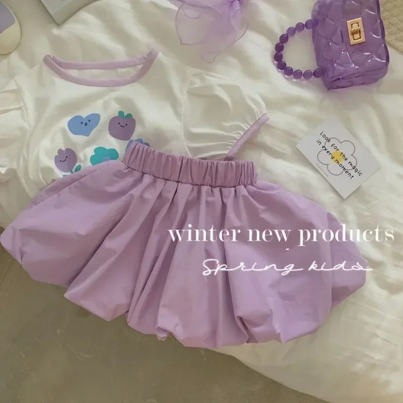 Girls Summer Set 2024 New Baby Girl Purple Shorts +Top Girl T-shirt Two-Piece Suit