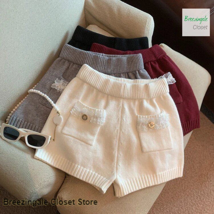 Korean fashion knitted casual wide-leg women's spring and autumn lace pocket design sense high waist spice girls casual pants.