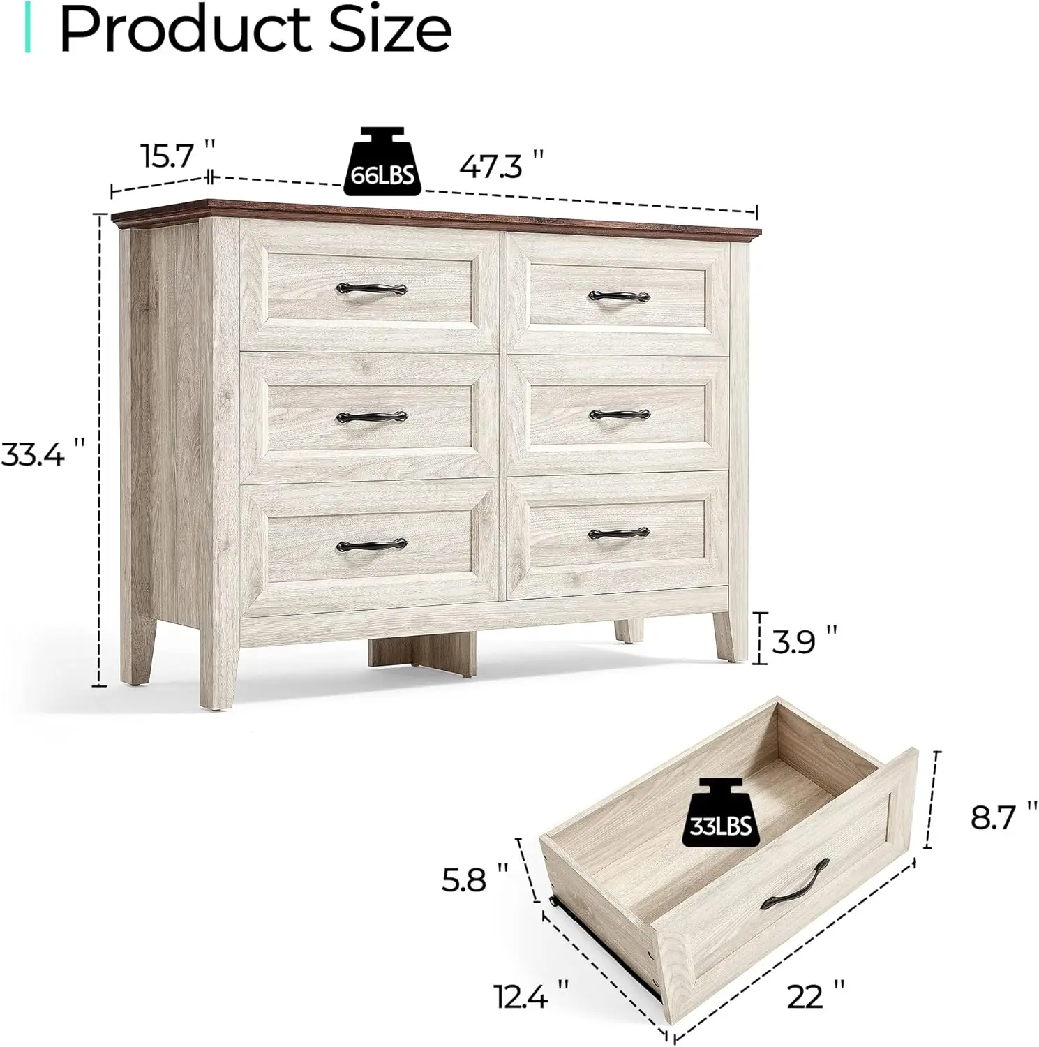 Linsy Home Farmhouse 6 Drawers Dresser, White Wood Dresser For Bedroom Wide Chest Of Drawers, French Country Storage Double