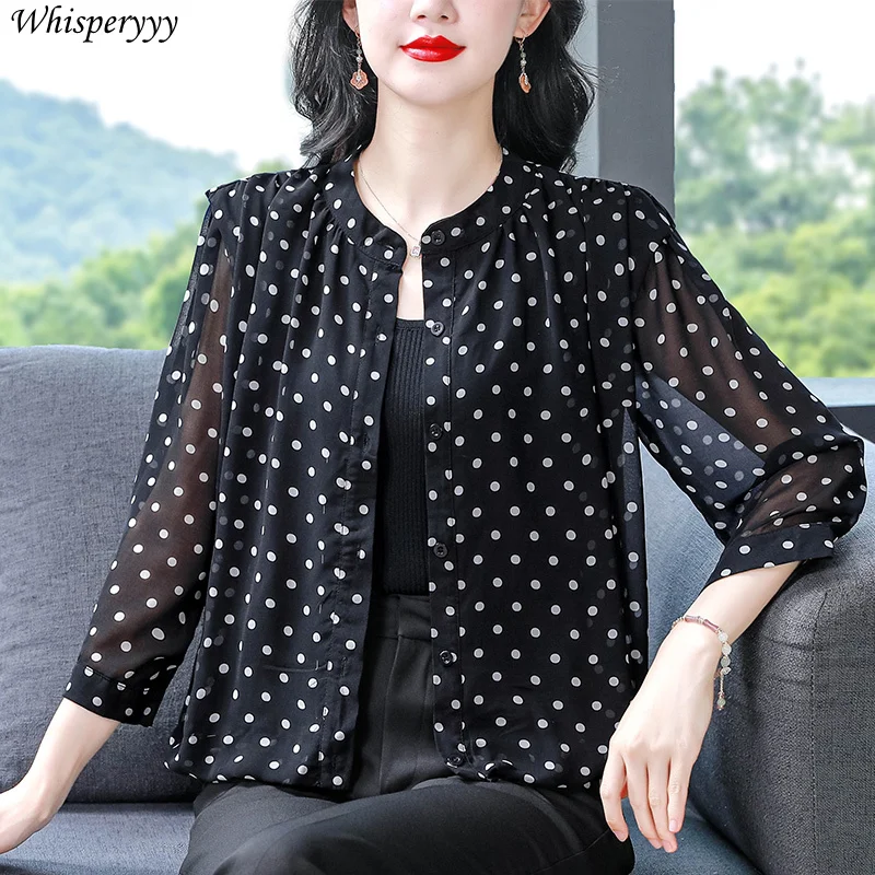 Polka Dot Blouse Women Spring Summer Sunscreen Air-conditioned Shirt Short Coat Casual Round Collar Thin Shirt Cape Cardigan