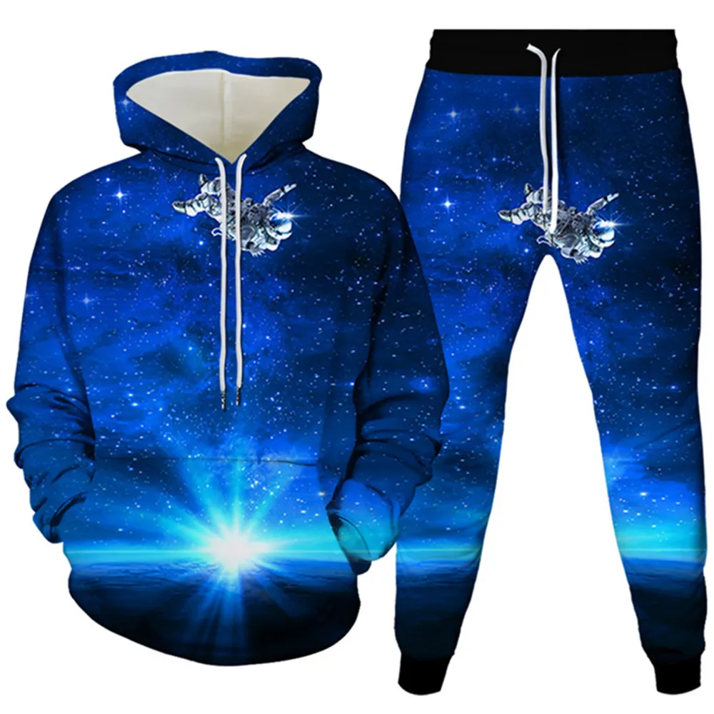 Men Clothing Suit Astronaut Harajuku Galaxy Planet Moon 3D Print Tracksuit Set Women Hoodies+Trousers Outfit Plus Size S-6XL