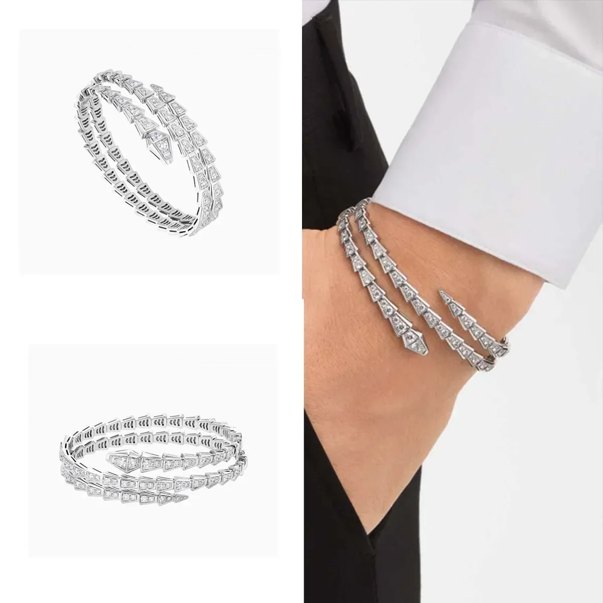 2024 High Quality Luxury Serpenti Viper Collection S925 Silver Fully Pavé Diamond Serpent Bangle