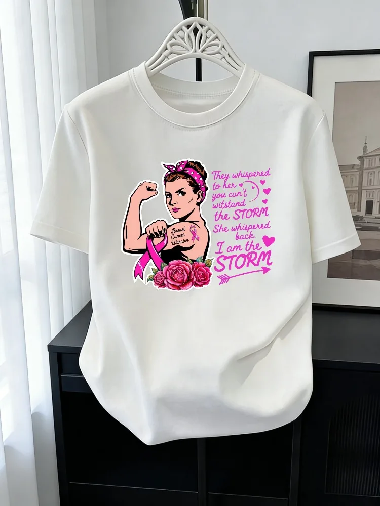Womens Fashionable Crew-Neck T-Shirt Cotton Casual Short-Sleeve T-Shirt for Breast Cancer Awareness Plus Size Top Women Clothing