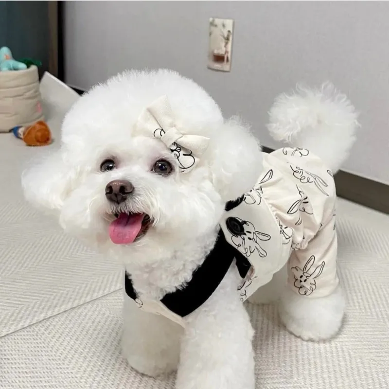 Cute Dog Jumpsuit Rabbit Print Pet Dog Rompers Cat Dog Dress Suspenders Dog Skirt Chihuahua Bichon Puppy Summer Clothes Outfit