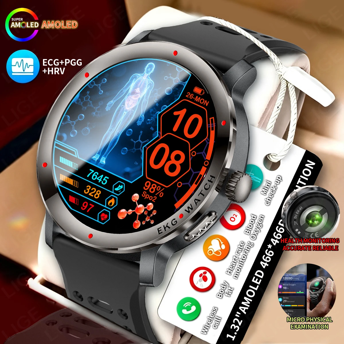 LIGE New Accurate Body Health Analysis Smart Watch Men ECG Uric Acid Heart Rate Body Fat Voice Assistant BT Call Men Smartwatch