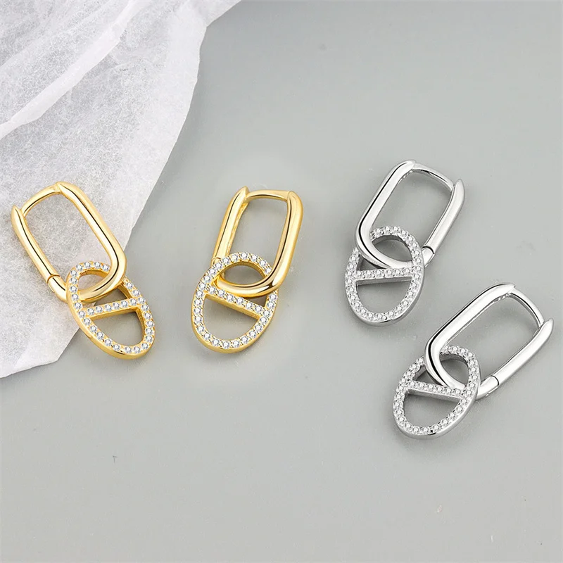 925 Sterling Silver Color Double Loop Winding Geometric Zircon Earrings Simple Personality For Women Party Jewelry Ornament