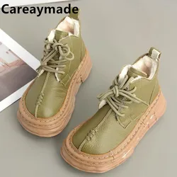Careaymade-Genuine Leather Single Boot Short Boots Big Head Thick Sole Hand Sewn Casual Women's Vintage winter plush warm boots
