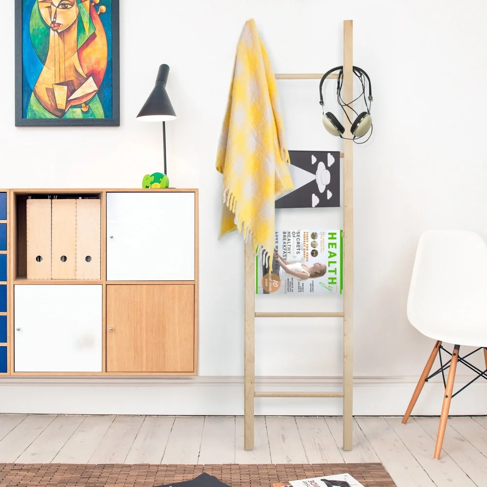 Декоративная наклонная полка с твердой кленовой лестницей, 5-ступенчатая сборка не требуется, акцентная витрина для хранения домашнего декора