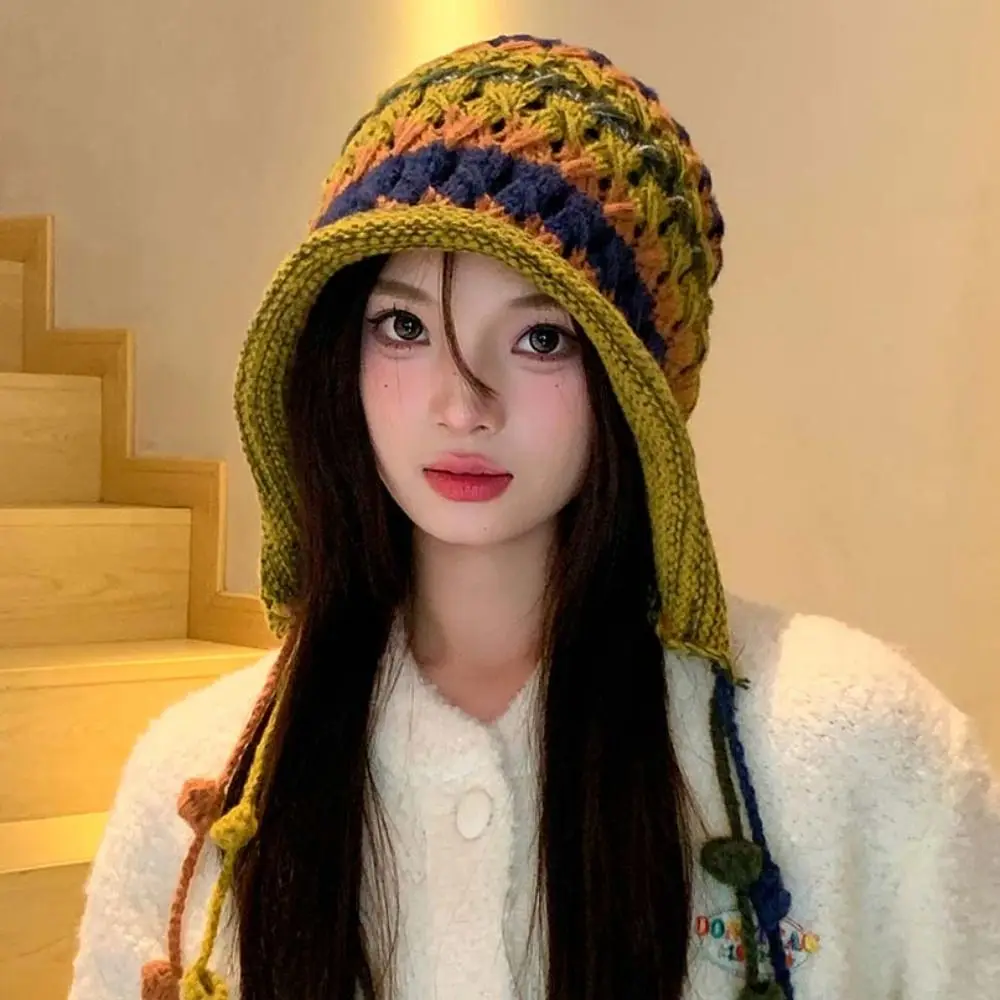 Ear Protection Tassel Ball Knitted Hat Japanese Style Windbreak Rainbow Knitted Beanie Stripe Simple Winter Bomber Hat