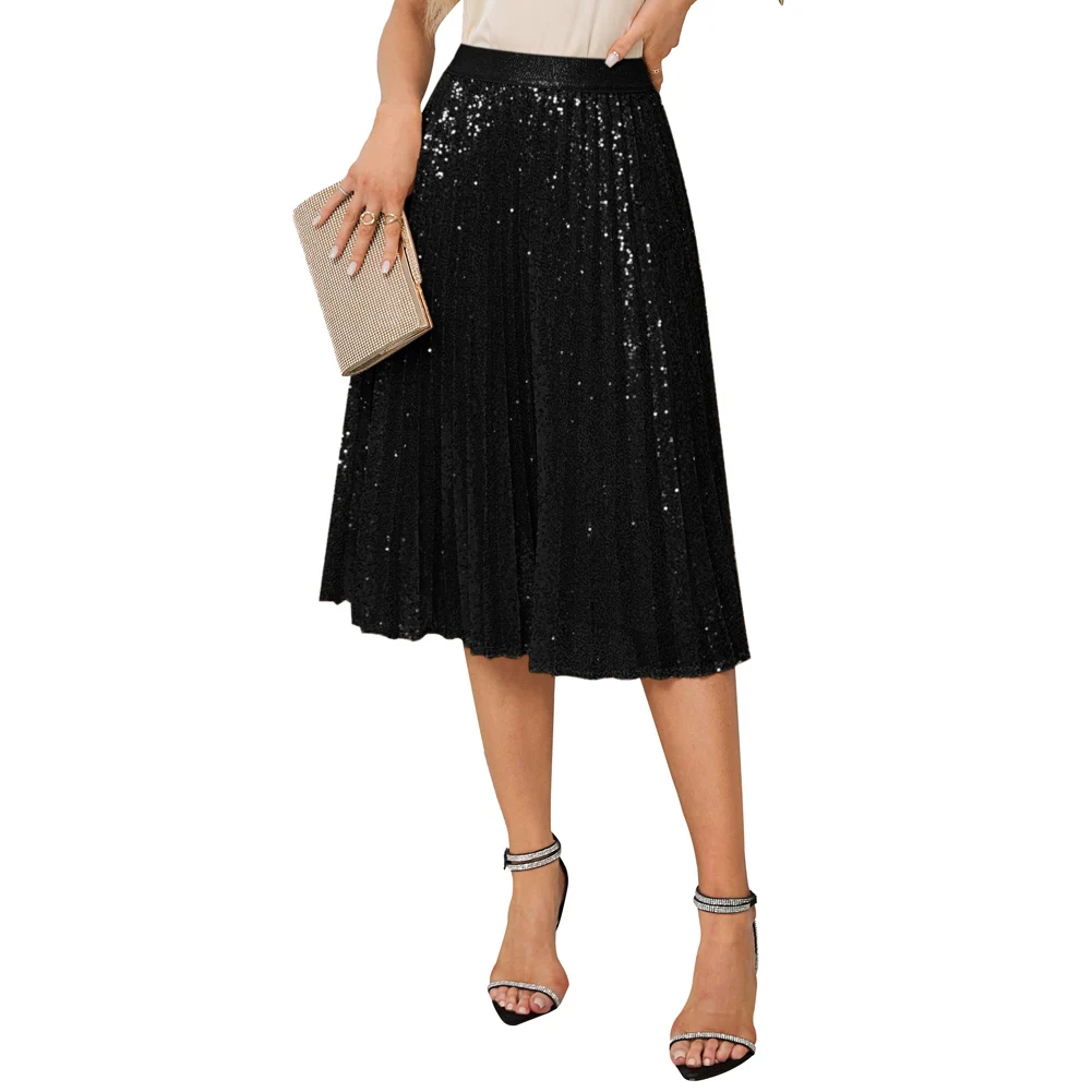 

GK Women Skirt Fashion Casual Sequined Party Elastic Waist Pleated Swing Skirt High Waisted Double-layer Vintage Skirts