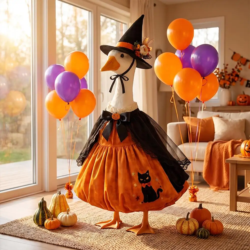 Halloween-Gänse-Hexen-Kostüm mit Hut, Schwarzes-Katzen-Muster, Garten-Veranda-Gänse-Dekor-Outfit für Party, Garten und Außenstatuen – Detail 4