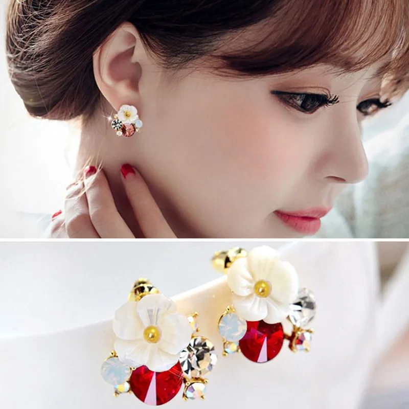 925 Silver Needle Korean Fashion Flower Stud Earrings For Women Christmas Jewelry 2024 Trending Luxury Women's Crystal Earrings