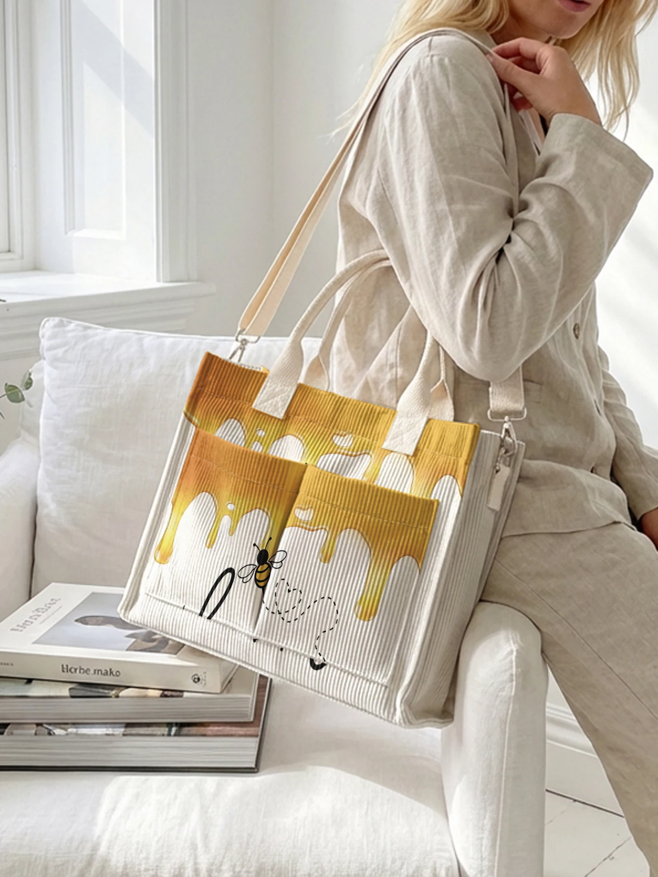 Honey Drip & Bee Print Corduroy Tote Bag Large Capacity Multi Pocket Bee Lover Commuter Shoulder Bag