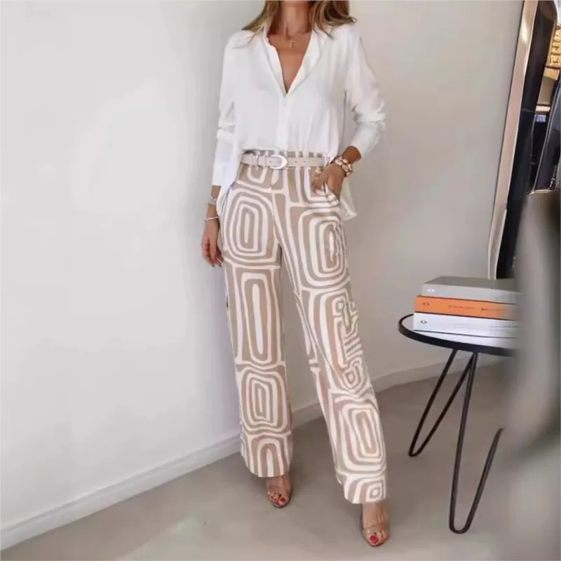 Leisure Women\'s Geometry Printed Set 2024 Spring Autumn New Temperament Shirt & Loose Pants 2 Piece Set Commute Office Lady Set