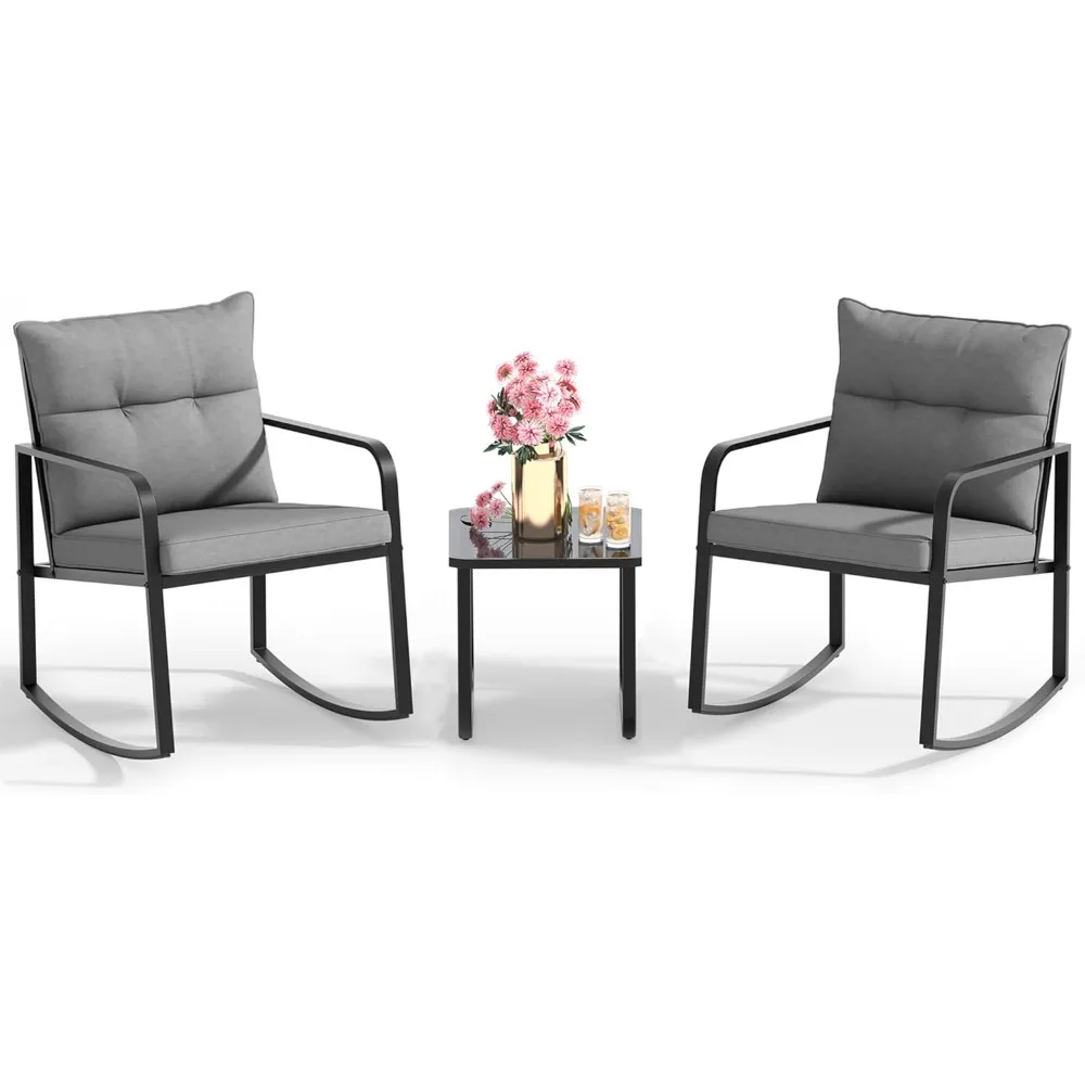 

3 Piece Rocking Bistro Set, Black Steel Patio Furniture, Porch Chairs Conversation Set with Glass Coffee Table, Back Cushion, f