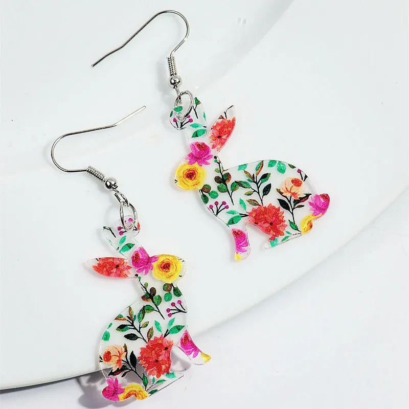 Easter Colorful Transparent Rabbit Pendant Earrings for Women Girls Lovely Animal Rabbit Print Drop Earrings Jewelry Party Gifts