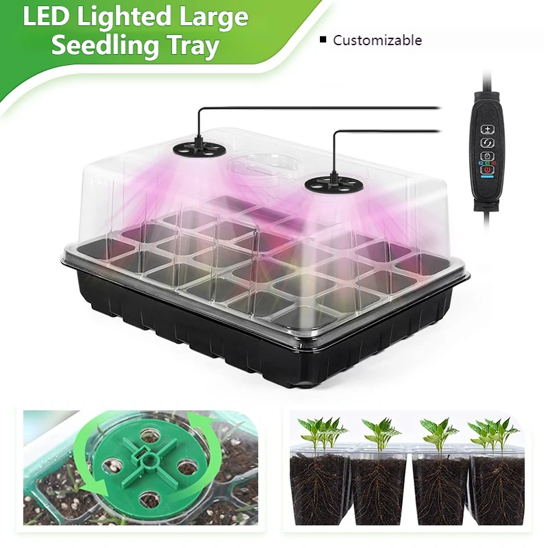 

24/48 Cell Seedling Tray Kit with LED Grow Light Humidity Dome Plant Propagation Box