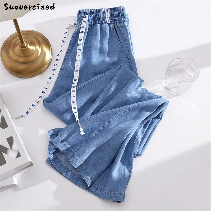 Blau Ankle-länge Breite Bein Denim Hosen Elastische Hohe Taille Gerade Jeans Für Frauen Übergroßen 4xl Lose Vaquero Sommer pantalones