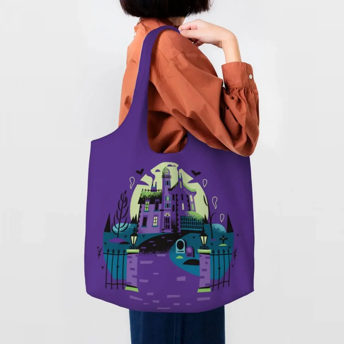 

Halloween Haunted Mansion House Shopping Bag Women Canvas Shoulder Tote Bag Durable Ghost Groceries Shopper Bags Handbags