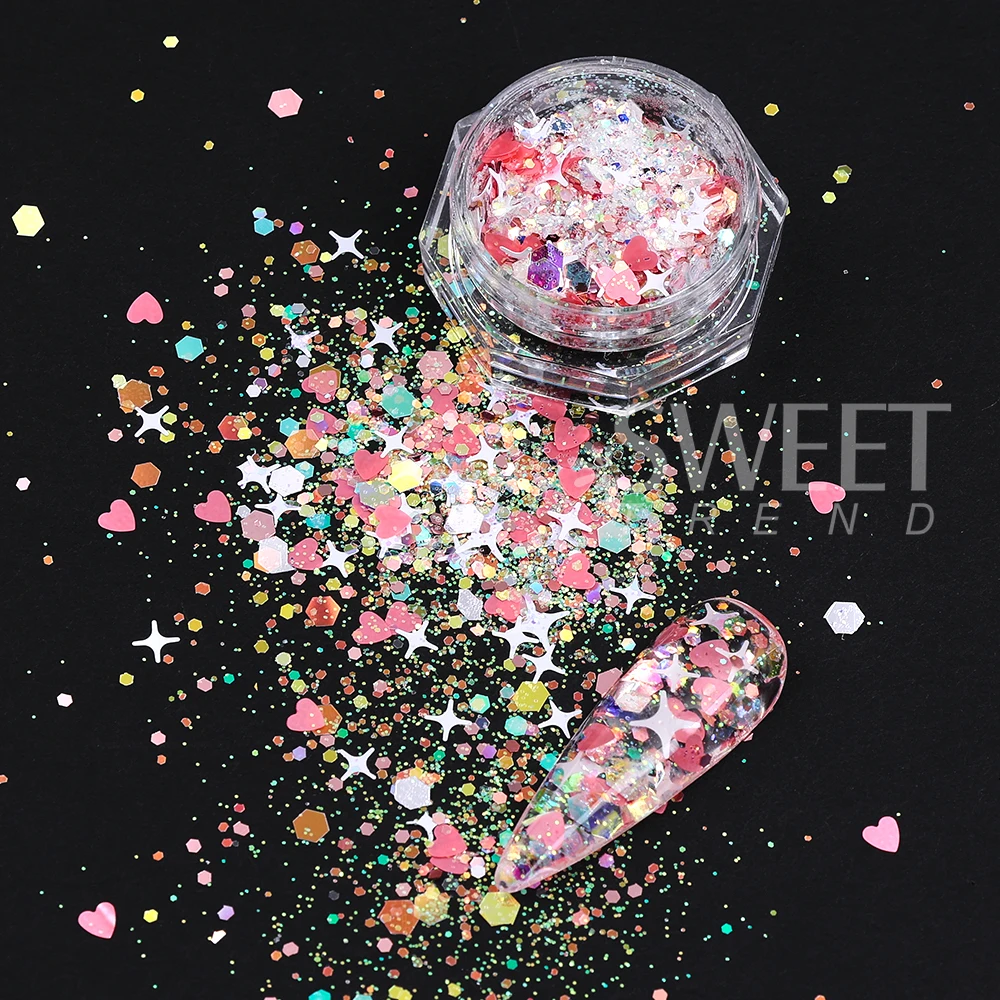 12 pz/set Olografico Y2K Stella Glitter Per Unghie Paillettes Lucido Dolce Amore Cuore Scintillante Fiocchi Paillette Accessori di San Valentino