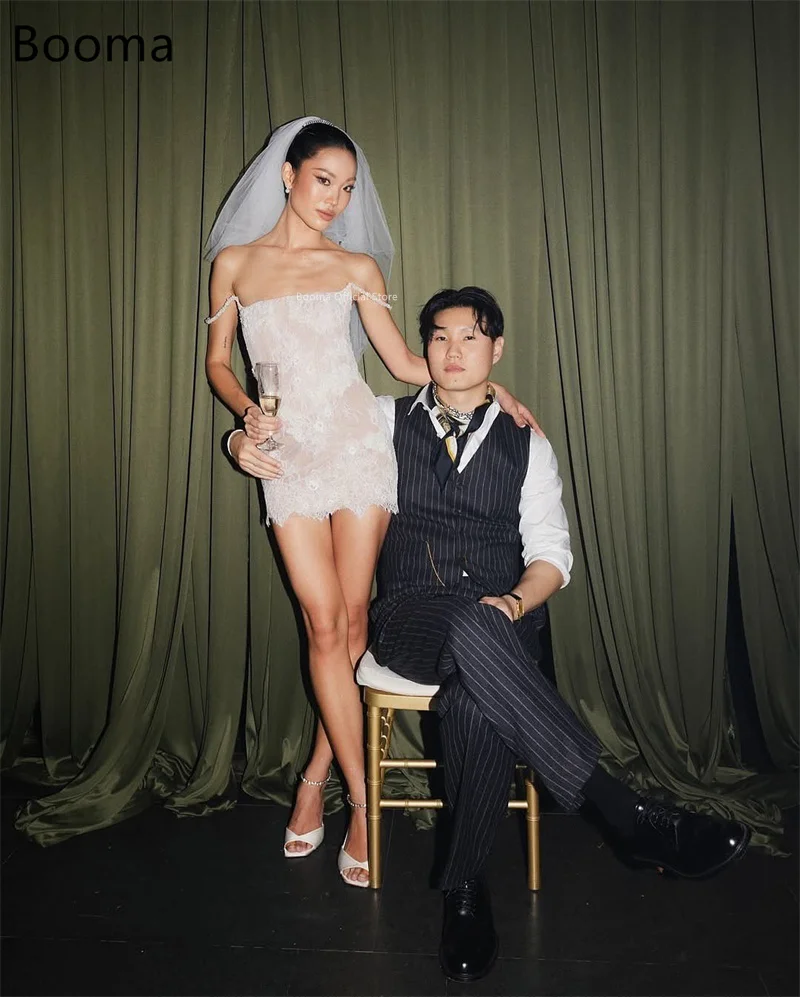 Booma حورية البحر أنيقة الدانتيل السباغيتي حزام فساتين زفاف قصيرة قصيرة الدانتيل يزين بلا أكمام فستان العرائس مخصص 2025