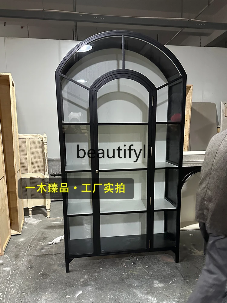 1*American-style Light Luxury Solid Wood Bookcase Simple Arched Design with Glass Door Display Cabinet Vintage Wine Cabinet