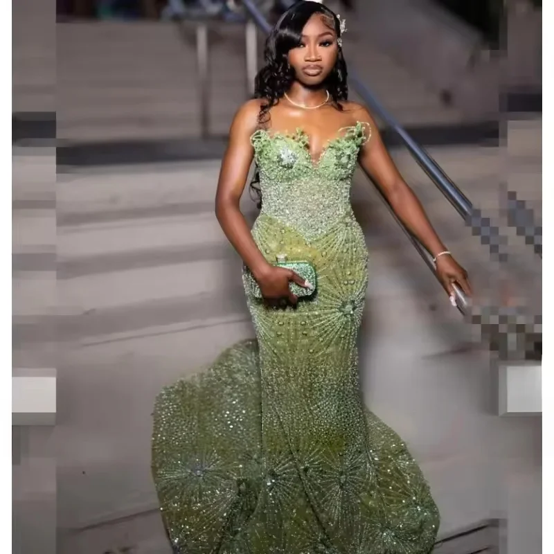 Green Long Prom Dresses For Black Girls Sweetheart Beaded Birthday Party Dresses African Evening Gown Robe De Customized
