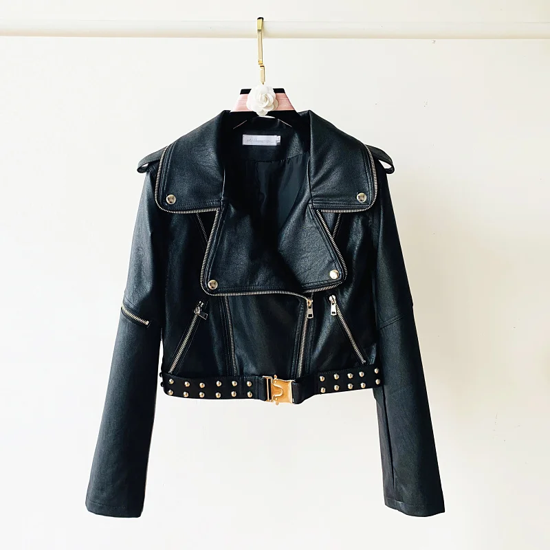 Locomotive Short Leather Coat Female PU Jacket 2023 Spring New Black Leather Jackets Women Coats