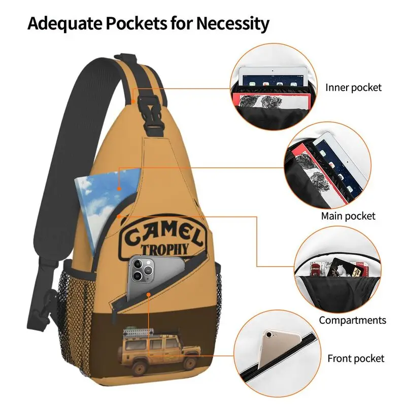 Camel Trophy Sling Crossbody Mochila para homens, logotipo personalizado, casual ombro peito sacos para viagem, ciclismo