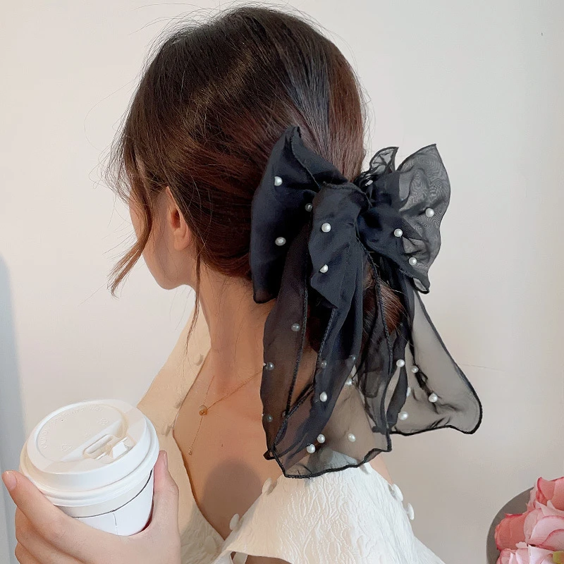 أنيقة الشريط اللؤلؤ القوس مقاطع الشعر الربيع الشيفون Bowknot ذيل حصان كليب الحلو الانحناء باريت أغطية الرأس الزفاف النساء الملحقات
