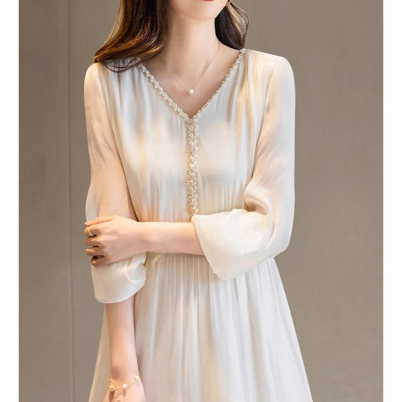 Spring Autumn Solid Color Fashion V-neck Elegant Dress Women High Street Casual Embroidered Flares Patchwork All-match Dresses