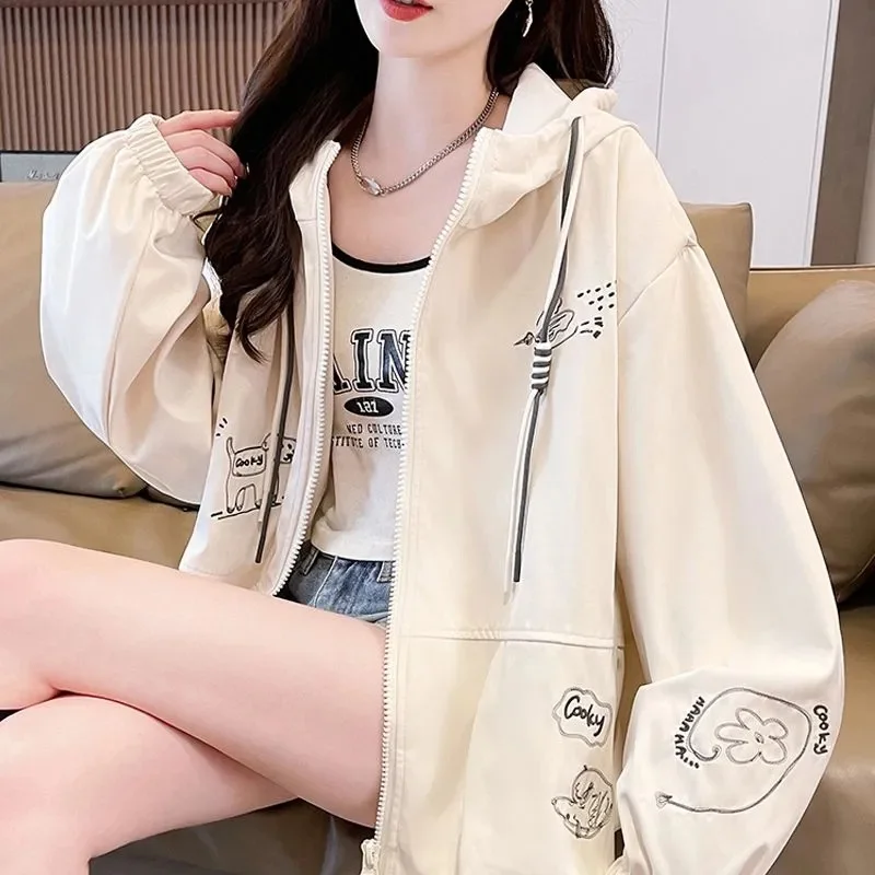 Autumn Female Long Sleeves Patchwork Coat Spring Ladies Hooded Loose Zipper Jacket French Women Fashion Solid Color Tops Outwear