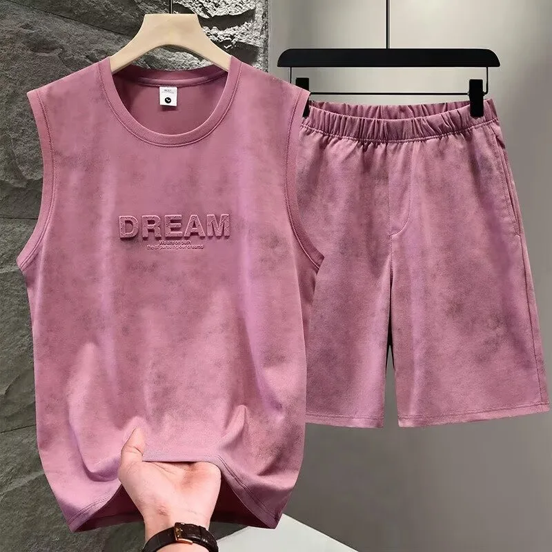 American Tie Dye Vest Sets Men's Two Piece Sleeveless Thin Foaming Print T-Shirts + Shorts Sets Korean Streetwear Tracksuit Man view 5