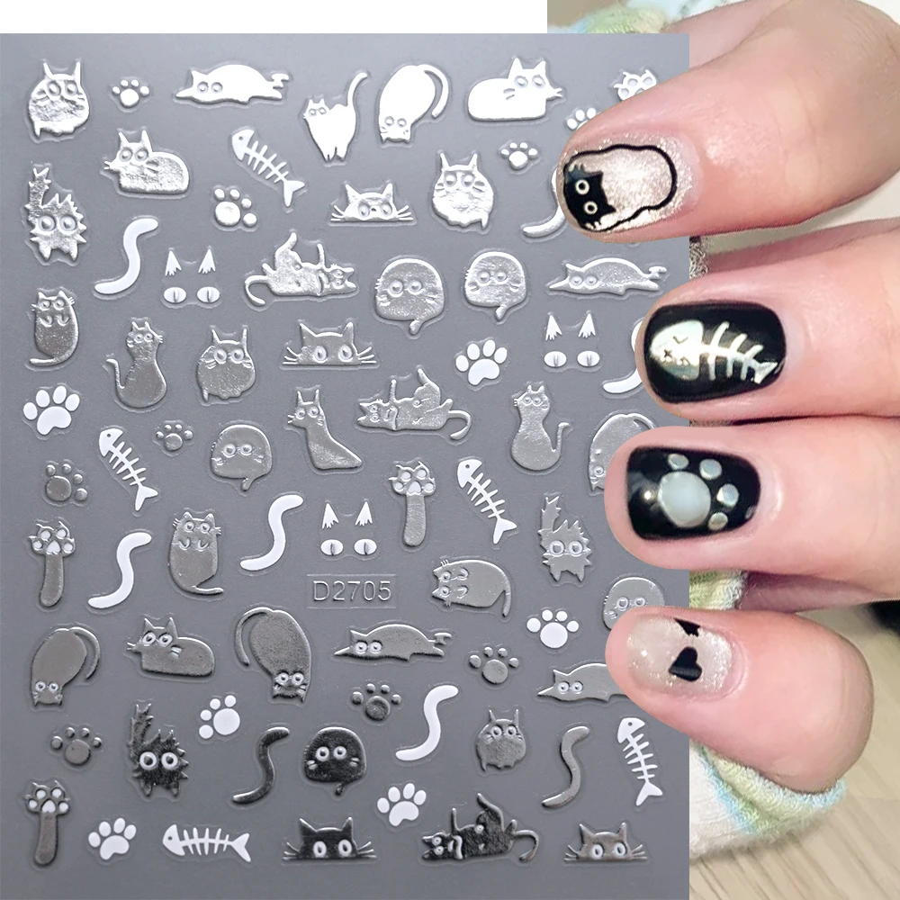 

3D Cute Silver Cat Nail Decals 3D Meow Rabbit Fishbone Flower Nail Art Stickers Sliders Cartoon Graffiti Sticker Nail Deco Acces