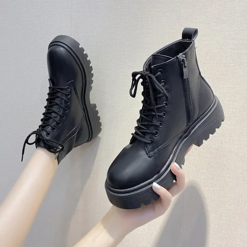 Plus Size 42 43 Women Motorcycle Ankle Boots Wedges Female Lace Up Platforms Black Leather Oxford Shoes Woman 2024 Botas Mujer