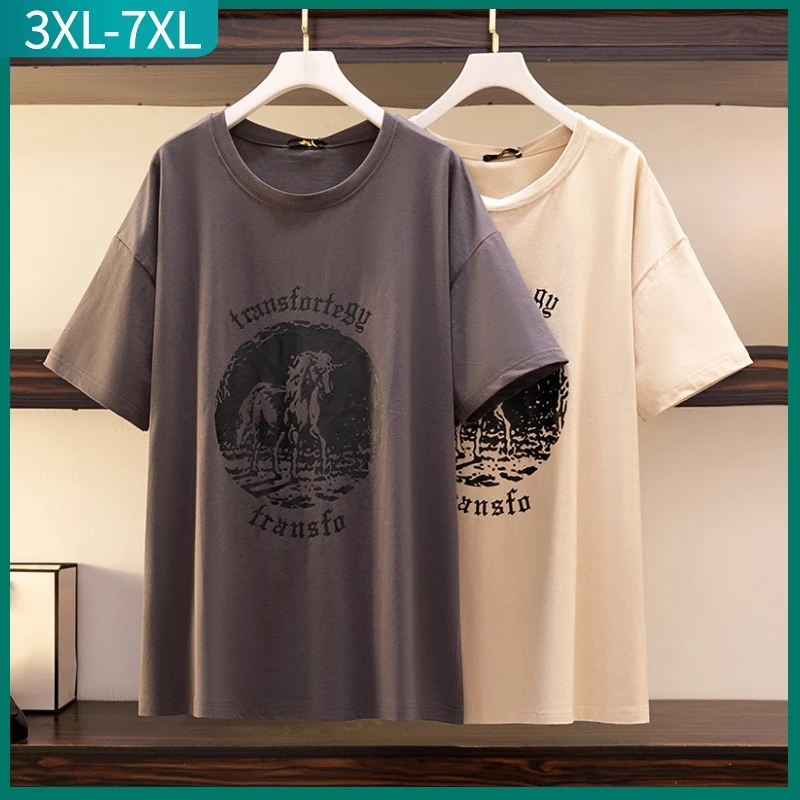 여성용 라지 사이즈 반팔 루즈 코튼 그레이 프린트 롱 티셔츠, 플러스 사이즈 상의, 3XL 4XL 5XL 6XL 7XL, 2023 여름 신상