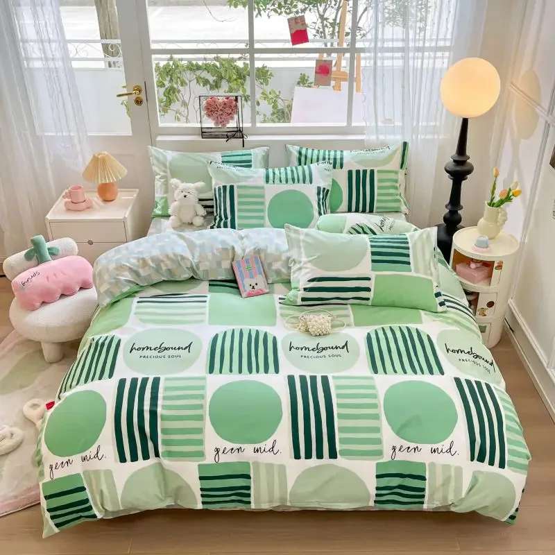 Green Geometric Pattern Duvet Cover Set 3pcs 100% Cotton Colorful Blocks Striped Bedding Comforter Covers with 2 Pillow Cases