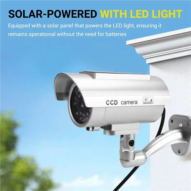 ABZZ-2X Simulation Solar Camera Outdoor Surveillance Simulation Fake Camera Dummy Cam With LED Light Silver