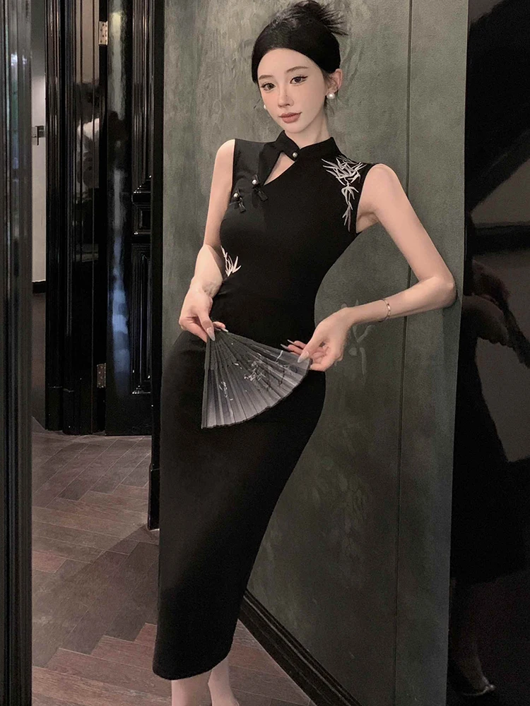 Summer Black Elegant Embroidery Stand Collar Dress Women Fashion Bodycon Sleeveless Dress 2025 Korean Vintage Hepburn Prom Dress