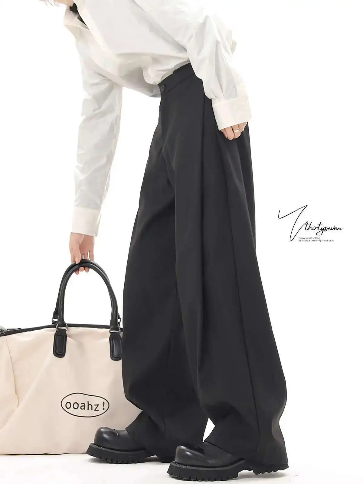 High Waist Gray High-end Suit Pants For Men's Summer Fashion Suit Pants Loose Straight Leg Wide Leg Hanging Casual Pants