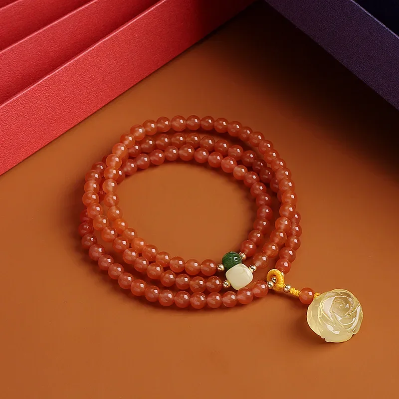 

Natural South Red Agate Cherry Red Round Beads Multi-circle Beads with Beeswax Flower Pendant Women's Ethnic Style Bracelet Gift